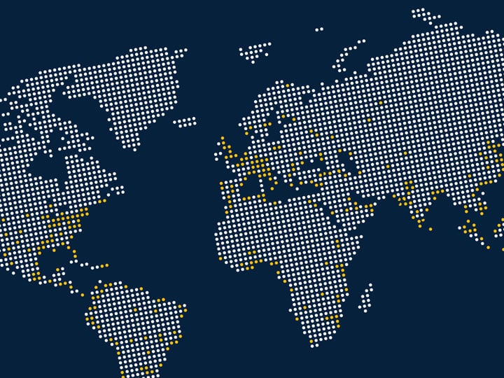 Plotted map with white and yellow dots on blue background